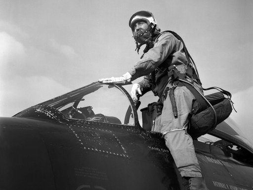 Pilot Joseph Algranti entering a McDonnell F2H-2B Banshee