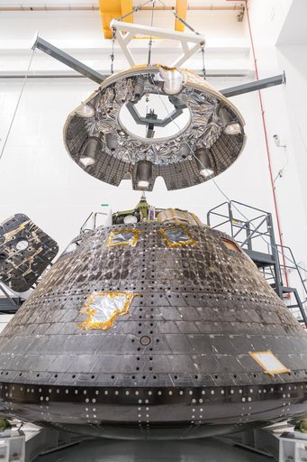 The Orion Environmental Test Article (ETA) prepares for testing at the Space Environments Complex at NASA’s Glenn Research Center