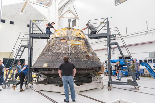 The Orion Environmental Test Article (ETA) prepares for testing at the Space Environments Complex at NASA’s Glenn Research Center