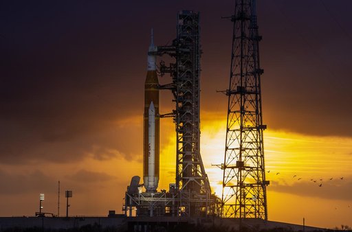 NASA's SLS Rocket and Orion Spacecraft during sunset Launch Pad 39B