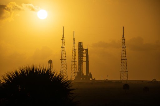 NASA's SLS Rocket and Orion Spacecraft during sunrise Launch Pad 39B