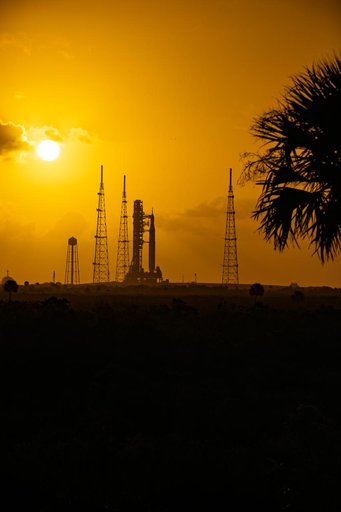 NASA's SLS Rocket and Orion Spacecraft during sunrise Launch Pad 39B