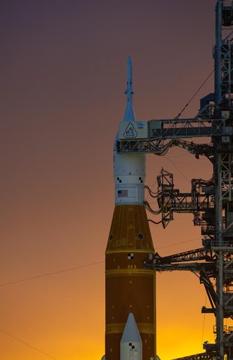 NASA's SLS Rocket and Orion Spacecraft during sunrise Launch Pad 39B