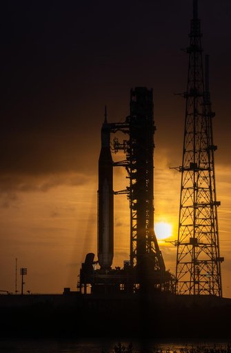 NASA's SLS Rocket and Orion Spacecraft during sunset Launch Pad 39B