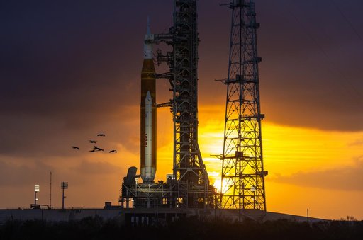 NASA's SLS Rocket and Orion Spacecraft during sunset Launch Pad 39B
