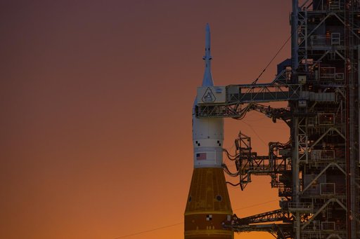 NASA's SLS Rocket and Orion Spacecraft during sunset Launch Pad 39B
