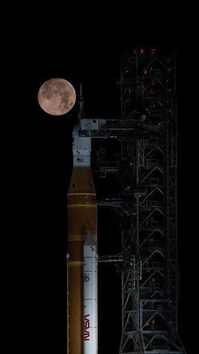 Full Moon Rising Over Full Artemis II Stack at Launch Pad 39B