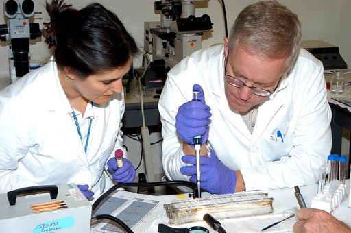KENNEDY SPACE CENTER, FLA. - Valerie Cassanto, with Instrumentation Technology Associates, Inc., and Bob McLean, from the Southwest Texas State University, work on an experiment found during the search for Columbia debris.  Included in the Commercial ITA Biomedical Experiments payload on mission STS