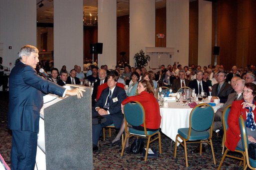 KENNEDY SPACE CENTER, FLA. - At a luncheon during Space Congress Week, Michael Kostelnik, NASA deputy associate administrator for the Space Shuttle and the International Space Station, speaks to luncheon attendees about the future challenges the Agency faces.  Held April 29-May 2, 2003, in Cape Cana