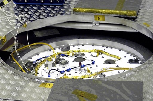 KENNEDY SPACE CENTER, FLA. - A closeup of the cruise stage to be mated to the Mars Exploration Rover 2 (MER-2) entry vehicle.    The cruise stage includes fuel tanks, thruster clusters and avionics for steering and propulsion.  NASA's twin Mars Exploration Rovers are designed to study the history of