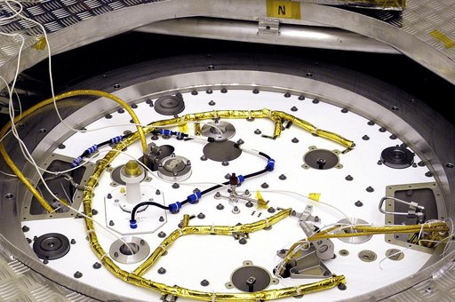 KENNEDY SPACE CENTER, FLA. - A closeup of the cruise stage to be mated to the Mars Exploration Rover 2 (MER-2) entry vehicle.    The cruise stage includes fuel tanks, thruster clusters and avionics for steering and propulsion.  NASA's twin Mars Exploration Rovers are designed to study the history of