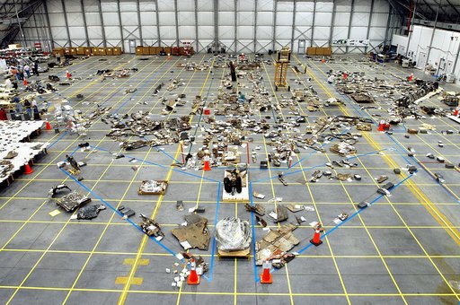 KENNEDY SPACE CENTER, FLA. -  The floor of the RLV Hangar is full of pieces of Columbia debris delivered from the search and recovery efforts in East Texas.  The items shipped to KSC number more than 82,000 and weigh 84,800 pounds or 38 percent of the total dry weight of Columbia. Of those items, 78