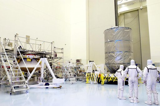 KENNEDY SPACE CENTER, FLA. - The Delta II rocket’s third stage waits in the Payload Hazardous Servicing Facility for mating with the Mars Exploration Rover 2 (MER-2).  They will then be installed into the transportation canister for transfer to the launch pad.  NASA's twin Mars Exploration Rovers ar
