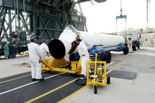 KENNEDY SPACE CENTER, FLA. -   A solid rocket booster arrives at Launch Complex 17-B, Cape Canaveral Air Force Station, to be mated to the Delta II rocket for the Mars Exploration Rover 1 (MER-1) launch June 25.  NASA’s twin Mars Exploration Rovers are designed to study the history of water on Mars.