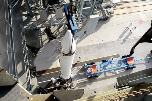 KENNEDY SPACE CENTER, FLA. - On Launch Complex 17-B, Cape Canaveral Air Force Station, a solid rocket booster is viewed from above after being lifted to vertical.  It will be mated to the Delta II rocket for the Mars Exploration Rover 1 (MER-1) launch June 25.  NASA’s twin Mars Exploration Rovers ar