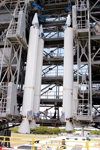 KENNEDY SPACE CENTER, FLA. - Three solid rocket boosters are suspended in the launch tower of Launch Complex 17-B, Cape Canaveral Air Force Station.   They will be mated to the Delta II rocket for the Mars Exploration Rover 1 (MER-1) launch June 25.  NASA’s twin Mars Exploration Rovers are designed 