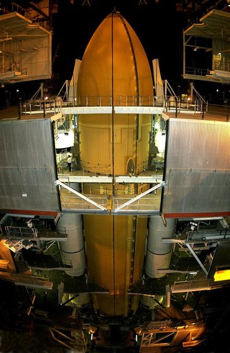 KENNEDY SPACE CENTER, FLA. -  The external tank in the Vehicle Assembly Building (VAB) is destacked from the solid rocket boosters.  The tank and SRBs were configured for Atlantis and mission STS-114.  The tank will remain in the VAB.