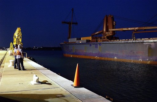 KENNEDY SPACE CENTER, FLA. -  The container transport ship carrying the JEM Pressurized Module arrives at Port Canaveral, Fla.  The National Space Development Agency of Japan (NASDA) built the laboratory at the Tsukuba Space Center near Tokyo.  The Pressurized Module is the first element of the JEM,