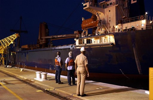 KENNEDY SPACE CENTER, FLA. - The container transport ship carrying the JEM Pressurized Module arrives at Port Canaveral, Fla.  The National Space Development Agency of Japan (NASDA) built the laboratory at the Tsukuba Space Center near Tokyo.  The Pressurized Module is the first element of the JEM, 
