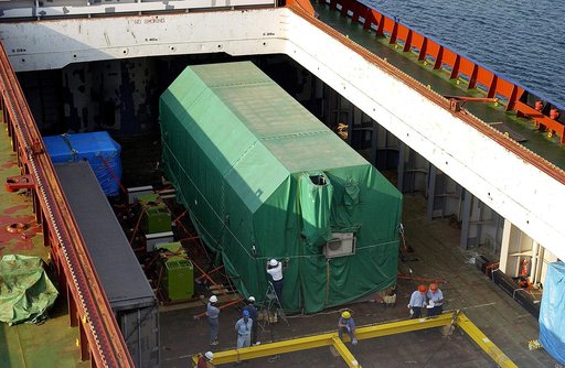 KENNEDY SPACE CENTER, FLA. - The JEM Pressurized Module is seen in the hold of the ship that carried it from Japan.  The National Space Development Agency of Japan (NASDA) built the laboratory at the Tsukuba Space Center near Tokyo.  The Pressurized Module is the first element of the JEM, Japan’s pr