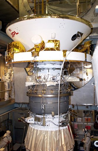KENNEDY SPACE CENTER, FLA. - At Launch Complex 17-A, Cape Canaveral Air Force Station, the Mars Exploration Rover 2 (MER-2) is ready for installation of the fairing that will enclose it for launch. It is seen here already mated to the second stage of the Delta II rocket.  MER-2 is one of NASA's twin