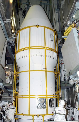 KENNEDY SPACE CENTER, FLA. - The installation of the fairing around the Mars Exploration Rover 2 (MER-2) is complete on Launch Complex 17-A, Cape Canaveral Air Force Station.  MER-2 is one of NASA's twin Mars Exploration Rovers designed to study the history of water on Mars. These robotic geologists