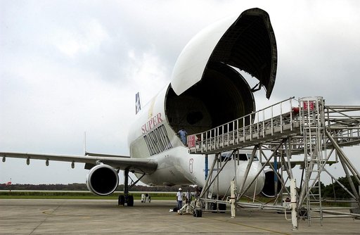 At the Shuttle Landing Facility, the nose of the Beluga aircraft