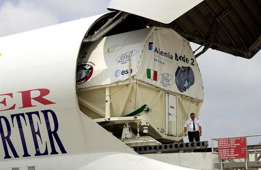 KENNEDY SPACE CENTER, FLA. - The Italian-built module, U.S. Node 2, for the International Space Station is offloaded from a Beluga at the Shuttle Landing Facility. The second of three Station connecting modules, Node 2 attaches to the end of the U.S. Lab and provides attach locations for the Japanes