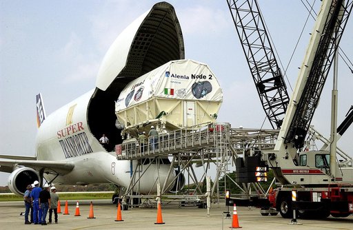 KENNEDY SPACE CENTER, FLA. - The Italian-built module, U.S. Node 2, for the International Space Station after offloading from a Beluga aircraft at the Shuttle Landing Facility. The second of three Station connecting modules, Node 2 attaches to the end of the U.S. Lab and provides attach locations fo