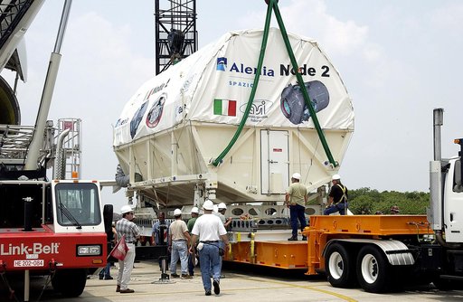 KENNEDY SPACE CENTER, FLA. -  The Italian-built module, U.S. Node 2, is secured on a transporter after its arrival at the Shuttle Landing Facility.  It will be taken to the Space Station Processing Facility.  The second of three connecting modules on the International Space Station, Node 2 attaches 