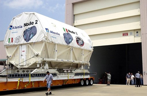 KENNEDY SPACE CENTER, FLA. -  The Italian-built module, U.S. Node 2, waits at the Space Station Processing Facility for the door to open. The second of three connecting modules on the International Space Station, Node 2 attaches to the end of the U.S. Lab and provides attach locations for the Japane