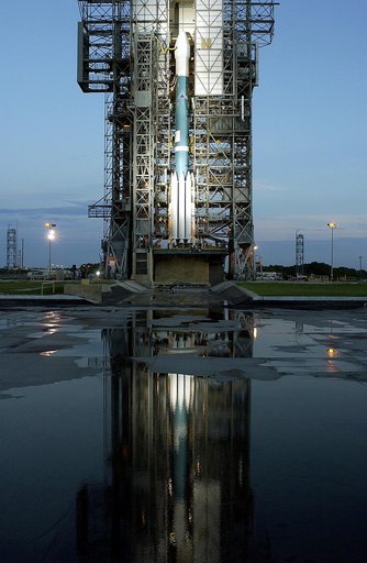 KENNEDY SPACE CENTER, FLA. -  The Mobile Service Tower is rolled back at Launch Complex 17A to reveal a Delta II rocket ready to launch the Mars Exploration Rover-A mission.  NASA's twin Mars Exploration Rovers are designed to study the history of water on Mars. These robotic geologists are equipped