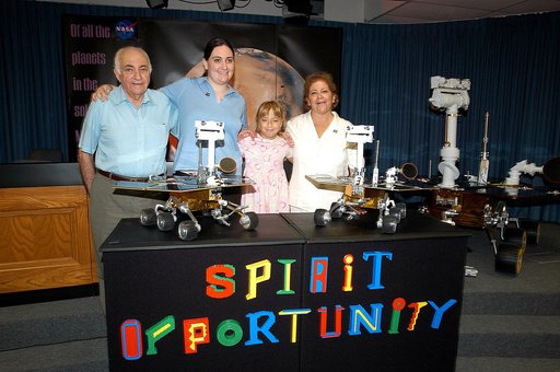 KENNEDY SPACE CENTER, FLA. -  Nine-year-old Sofi Collis (third from left) and her family pose proudly with a banner displaying the names she selected for the Mars Exploration Rovers -- "Spirit" and "Opportunity" -- following a press conference announcing the names. The names Sofi suggested were chos