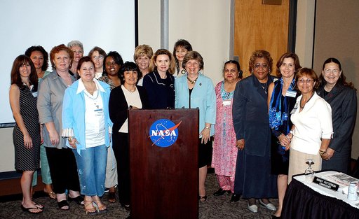 KENNEDY SPACE CENTER, FLA. -    KSC External Relations and Business Development Director JoAnn Morgan (sixth from right) joins other attendees of The Florida Commission on the Status of Women held June 7 at the Debus Conference Facility. Morgan is a member of the group’s Hall of Fame. The commission