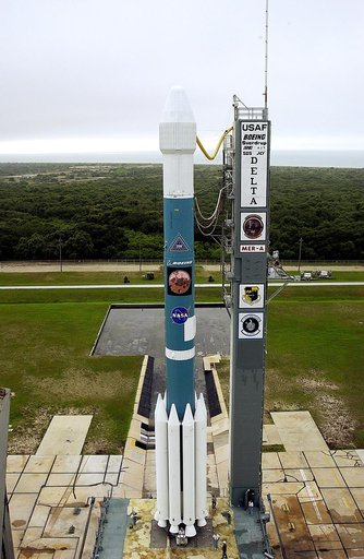 KENNEDY SPACE CENTER, FLA. -  On Launch Complex 17-A, Cape Canaveral Air Force Station, the Boeing Delta II rocket and its Mars Exploration Rover (MER-A) payload are free of the tower  and ready for launch.  This will be the third launch attempt in as many days after weather concerns postponed the l