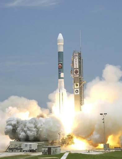 KENNEDY SPACE CENTER, FLA. -  The Delta II rocket with its Mars Exploration Rover (MER-A) payload leaps off the launch pad into the blue sky to begin its journey to Mars.  Liftoff occurred on time at 1:58 p.m. EDT from Launch Complex 17-A, Cape Canaveral Air Force Station.  MER-A, known as "Spirit,"