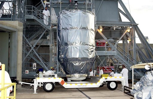 KENNEDY SPACE CENTER, FLA. - The Mars Exploration Rover 1 (MER-B) arrives at Launch Pad 17-B, Cape Canaveral Air Force Station, where it will be mated with the Delta rocket for launch.  The second of twin rovers being sent to Mars, it is equipped with a robotic arm, a drilling tool, three spectromet