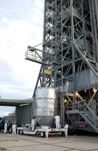 KENNEDY SPACE CENTER, FLA. -  On Launch Pad 17-B, Cape Canaveral Air Force Station, the Mars Exploration Rover 1 (MER-B) is ready to be lifted up the tower for mating with the Delta rocket.  The second of twin rovers being sent to Mars, it is equipped with a robotic arm, a drilling tool, three spect