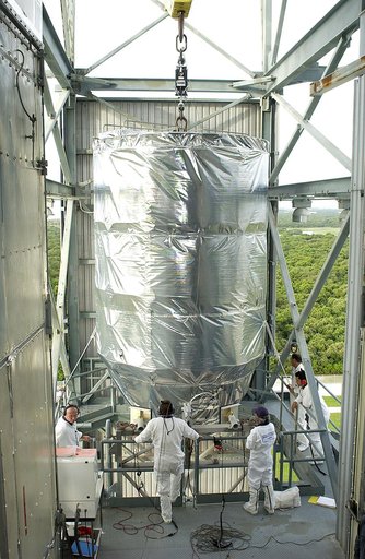 KENNEDY SPACE CENTER, FLA. -   On Launch Pad 17-B, Cape Canaveral Air Force Station, the Mars Exploration Rover 1 (MER-B) arrives at the tower landing where it will be mated with the Delta rocket.  The second of twin rovers being sent to Mars, it is equipped with a robotic arm, a drilling tool, thre