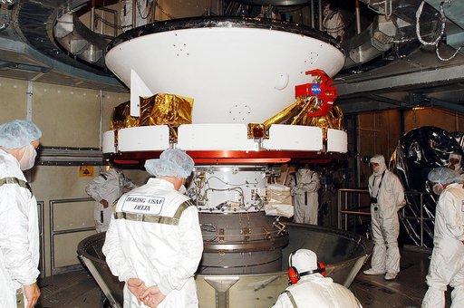 KENNEDY SPACE CENTER, FLA. -    In the gantry on Launch Complex 17-B, Cape Canaveral Air Force Station, Mars Exploration Rover 1 (MER-B) is revealed after removal of the canister.  The second of twin rovers being sent to Mars, it is equipped with a robotic arm, a drilling tool, three spectrometers, 