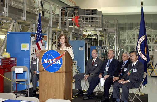 KENNEDY SPACE CENTER, FLA. -   Lisa Malone, deputy director of External Relations and Business Development at KSC, emcees a ceremony in the Space Station Processing Facility to highlight the arrival of two major components of the International Space Station.  NASA's Node 2, built by the European Spa