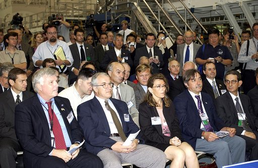 KENNEDY SPACE CENTER, FLA. -  In the Space Station Processing Facility, media and guests listen intently to remarks during a ceremony to highlight the arrival of two major components of the International Space Station.  NASA's Node 2, built by the European Space Agency (ESA) in Italy arrived at KSC 