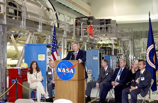 KENNEDY SPACE CENTER, FLA. -  NASA's Michael C. Kostelnik, deputy associate administrator for International Space Station and Shuttle Programs, speaks to guests and the media gathered in the Space Station Processing Facility for a ceremony to highlight the arrival of two major components of the Inte
