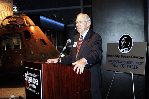 KENNEDY SPACE CENTER, FLA. -  Former astronaut James Lovell addresses the audience at a ribbon cutting ceremony officially opening the U.S. Astronaut Hall of Fame as part of the Kennedy Space Center Visitor Complex.  The ceremony was held in conjunction with the induction of four Space Shuttle astro