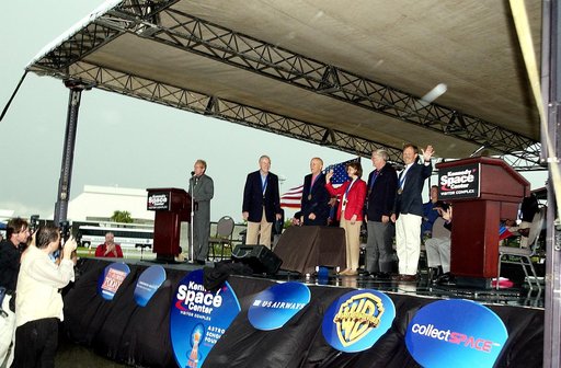 KENNEDY SPACE CENTER, FLA. -  At the KSC Visitor Complex, actor and Master of Ceremonies Lance Henriksen (at podium) introduces four newly inducted Space Shuttle astronauts to the audience at their induction ceremony into the U.S. Astronaut Hall of Fame. From left center, they are Story Musgrave, Sa