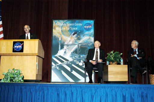 KENNEDY SPACE CENTER, FLA. -  NASA Associate Administrator for Space Flight William F. Readdy addresses a group of KSC employees assembled in the KSC Training Auditorium. From left are Readdy, KSC Center Director Roy D. Bridges, and NASA Administrator Sean O'Keefe. The occasion is the announcement o