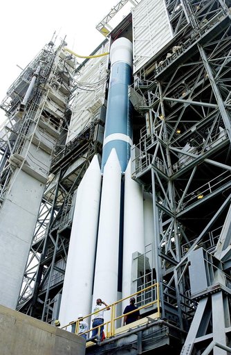 KENNEDY SPACE CENTER, FLA. -  The Mobile Service Tower is rolled back at Space Launch Complex 17B, Cape Canaveral Air Force Station, to reveal the Delta II Heavy launch vehicle ready for launch of the Mars Exploration Rover-B (MER-B) mission, with the rover "Opportunity" aboard. The second of twin r