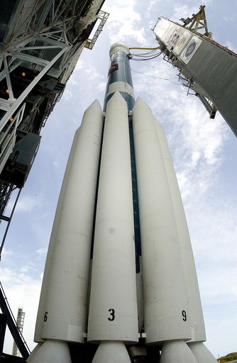 KENNEDY SPACE CENTER, FLA. -  The Mobile Service Tower is rolled back at Space Launch Complex 17B, Cape Canaveral Air Force Station, to reveal the Delta II Heavy launch vehicle ready for launch of the Mars Exploration Rover-B (MER-B) mission, with the rover "Opportunity" aboard. The second of twin r