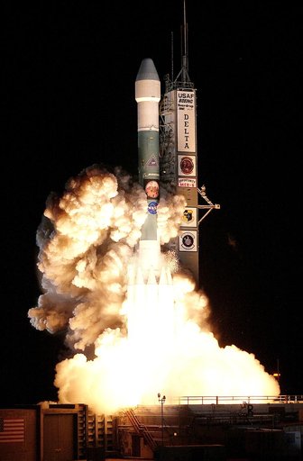 KENNEDY SPACE CENTER, FLA. - On Launch Complex 17-B, Cape Canaveral Air Force Station, the Delta II Heavy launch vehicle carrying the rover "Opportunity" for the second Mars Exploration Rover mission launches at 11:18:15 p.m. EDT.  Opportunity will reach Mars on Jan. 25, 2004. Together the two MER r