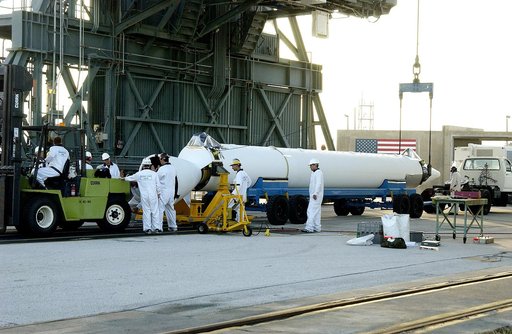 KENNEDY SPACE CENTER, FLA. -   A solid rocket booster (SRB) for the Delta II Heavy rocket that will launch the Space Infrared Telescope Facility (SIRTF) arrives at Launch Complex 17-B, Cape Canaveral Air Force Station.  The Delta II Heavy features nine 46-inch-diameter, stretched SRBs.  Consisting o